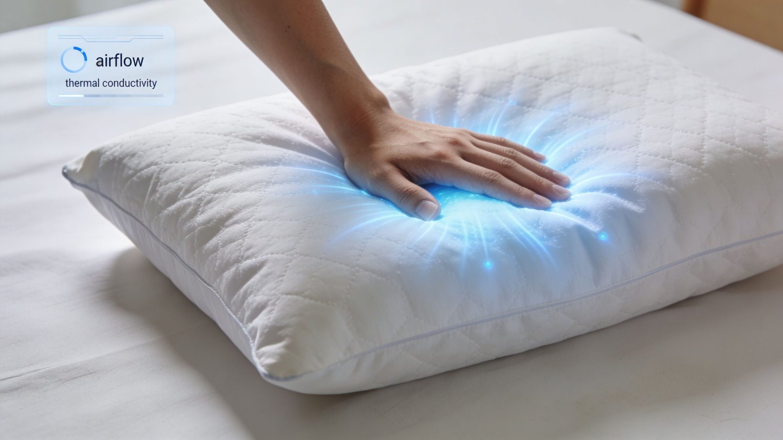 A hand pressing down on a white cooling pillow with digital graphics visualizing heat dissipation and airflow.