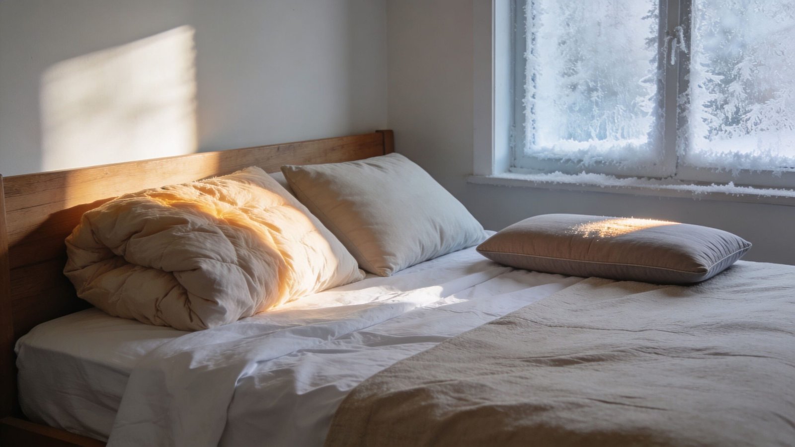 A cozy bed featuring soft pillows next to a frost-covered winter window during golden hour.