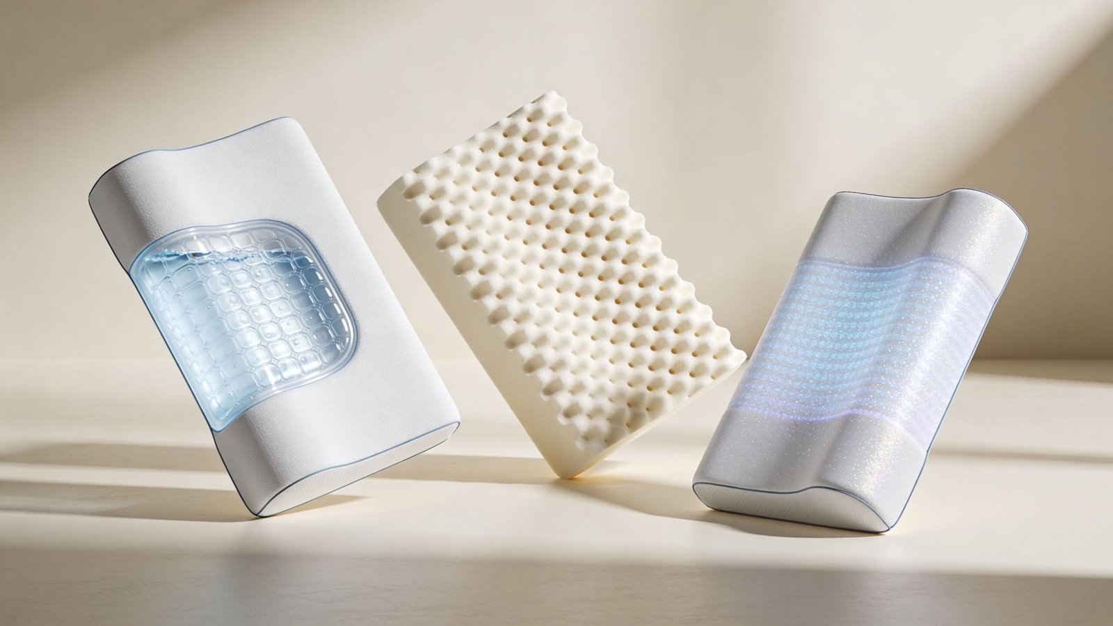 Three different ergonomic pillows featuring cooling gel and ventilated memory foam on a light beige background.