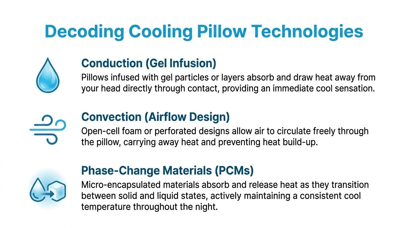 An infographic explaining three common cooling pillow technologies: conduction, convection, and phase-change materials for better sleep.