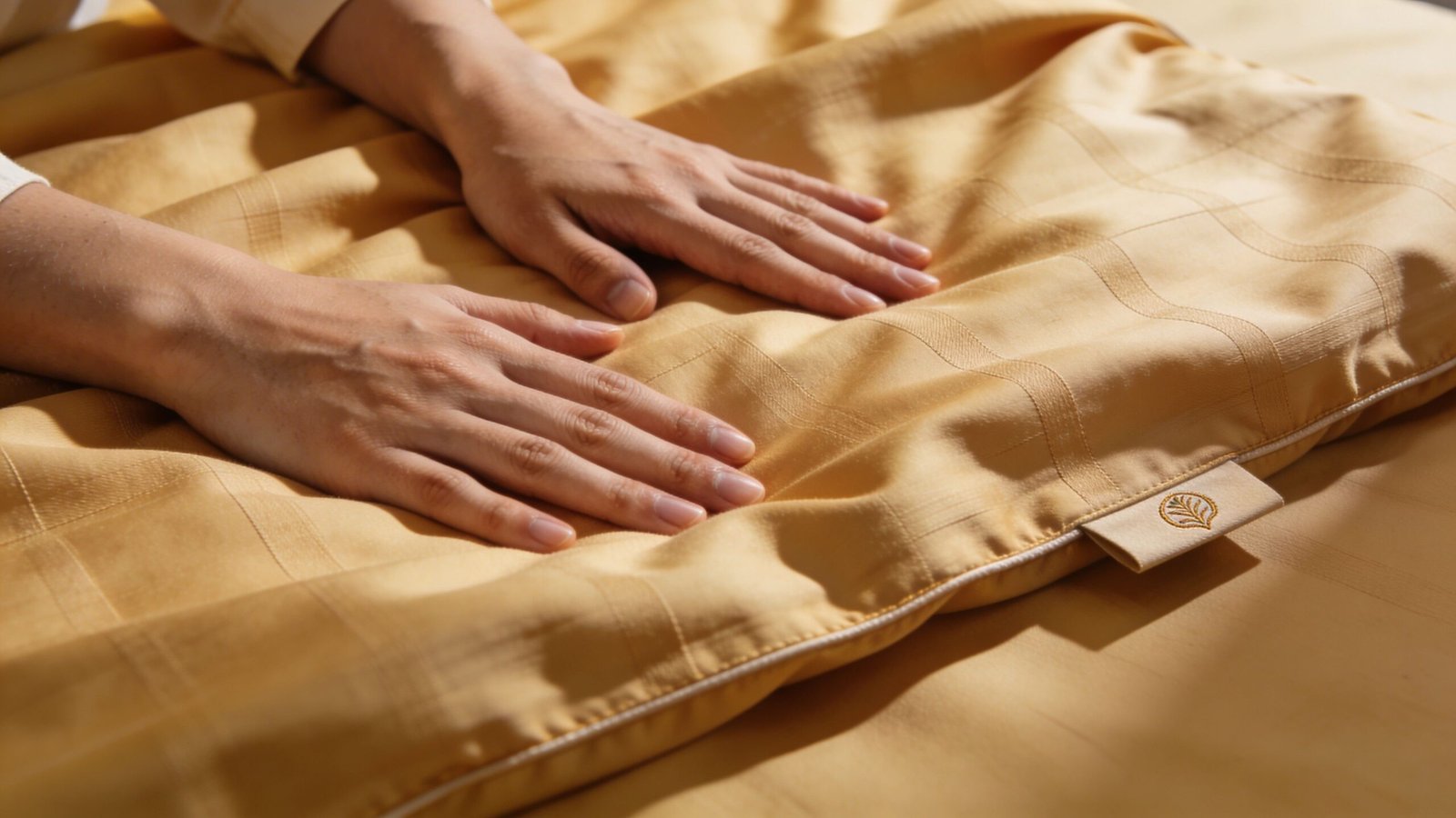 Close-up of human hands resting on a smooth, golden-yellow cooling sheet or pillowcase on a bed.