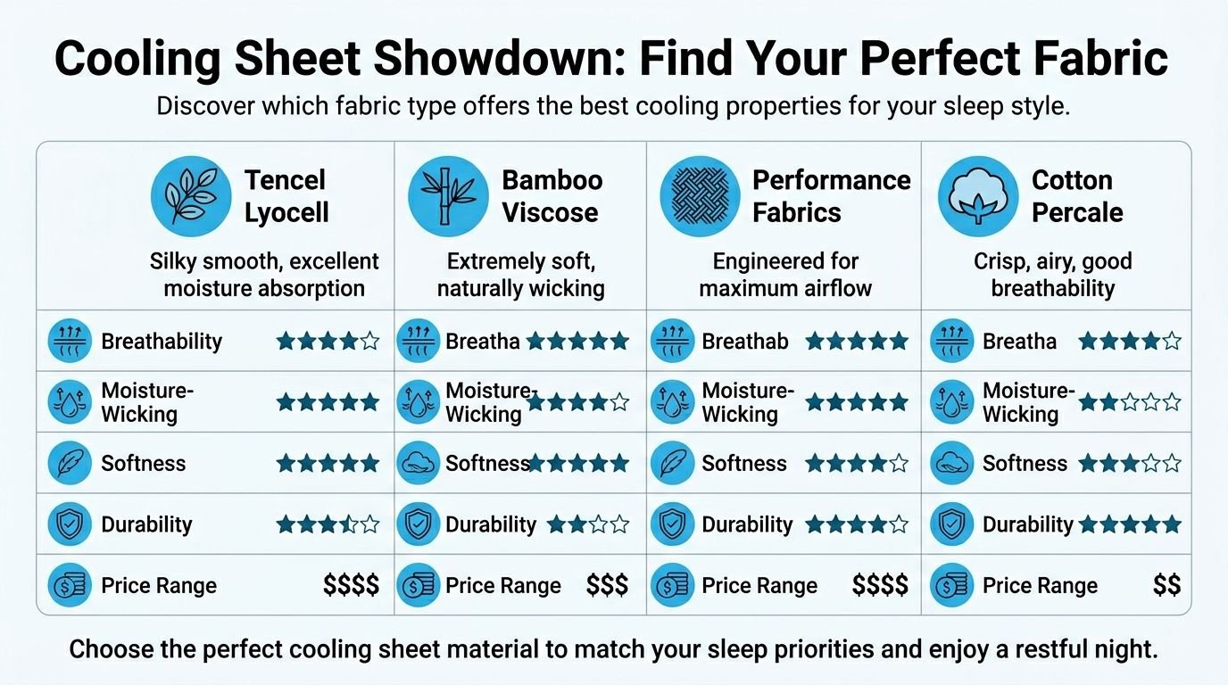 A comparison chart showing cooling properties of Tencel, bamboo, performance fabrics, and cotton percale sheet materials.