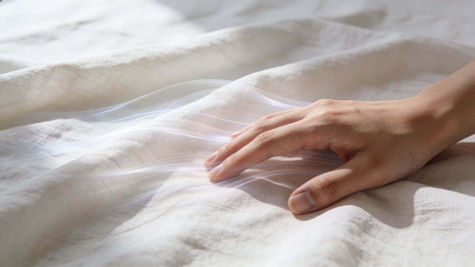 A hand gently touching soft white fabric with cool light waves visualizing the cooling effect.