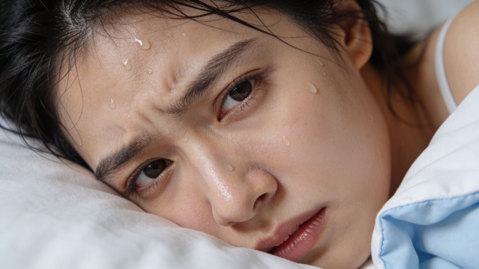 A distressed woman lying in bed suffering from night sweats and feeling overheated at home.