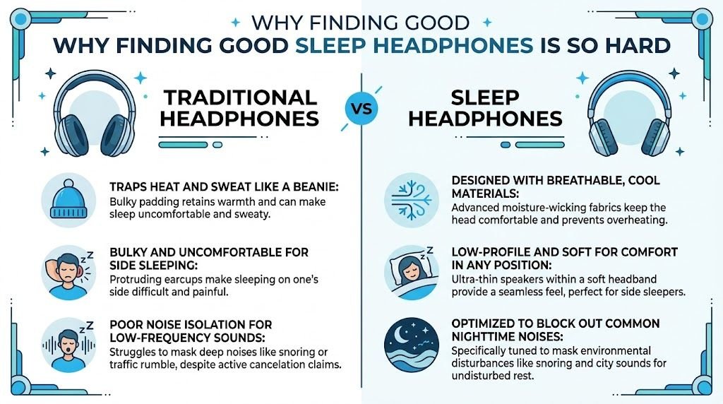A comparative infographic showing the benefits of specialized sleep headphones over traditional headphones for comfortable sleeping.