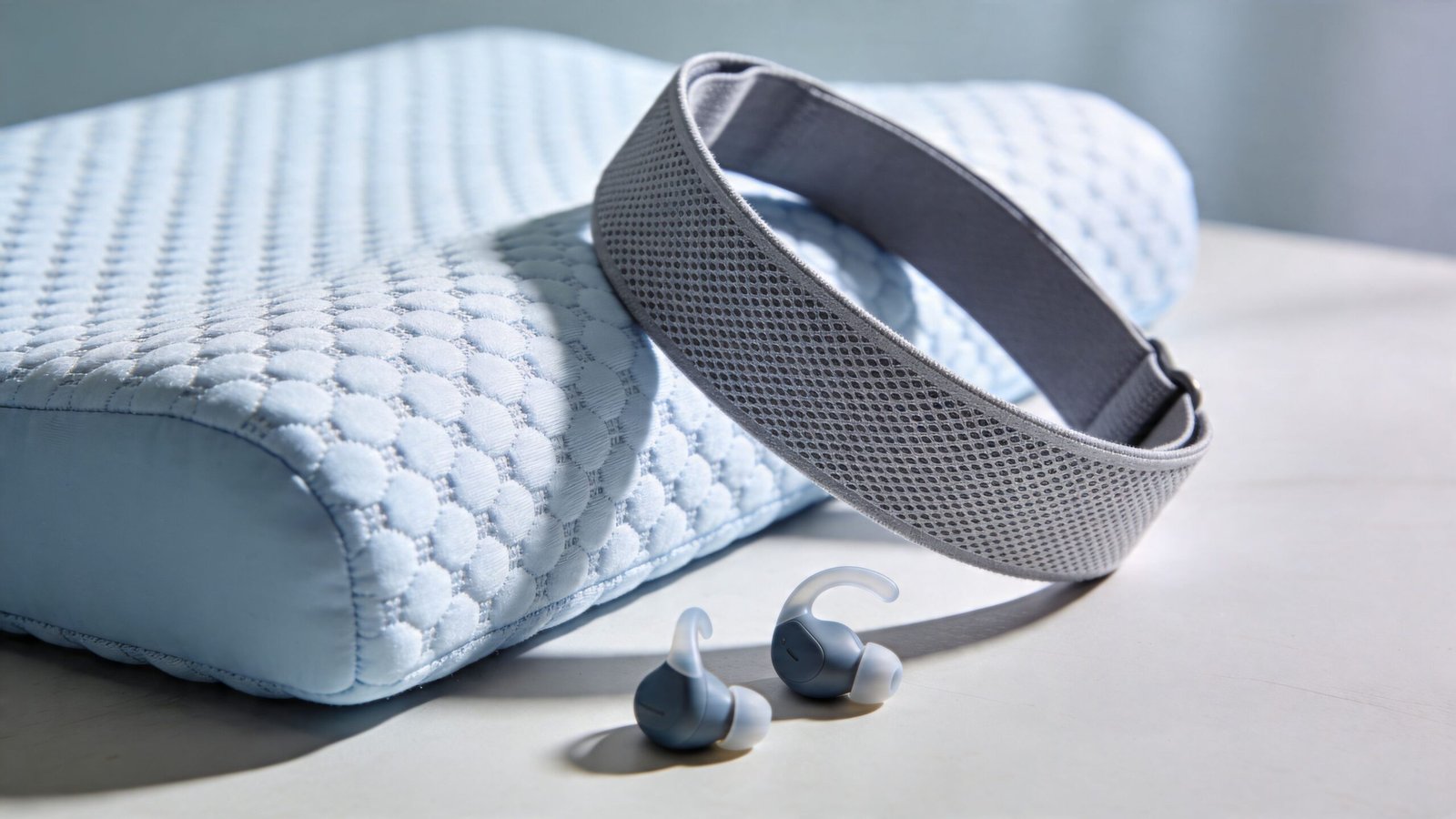 A light blue pillow next to a gray mesh sleep headband and two small wireless earbuds.