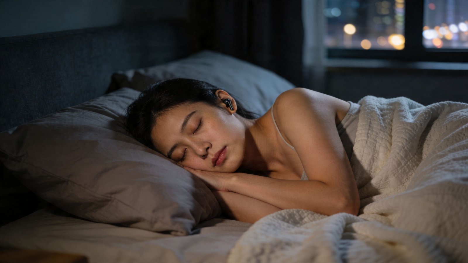 A young woman peacefully sleeping in bed at night while wearing noise-canceling wireless earbuds for rest.