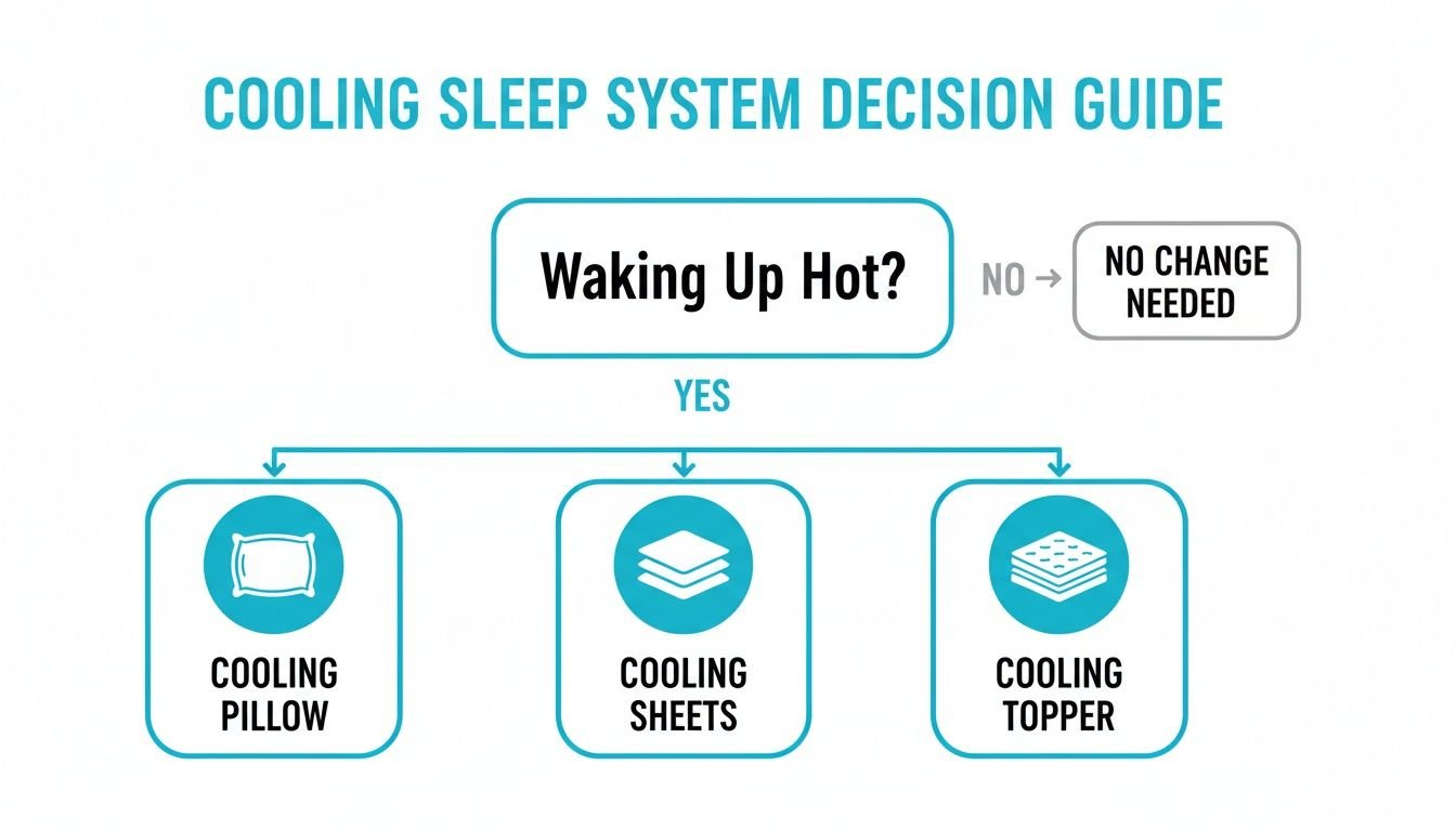 Flowchart for a cooling sleep system decision guide. If you're waking up hot, consider cooling products.