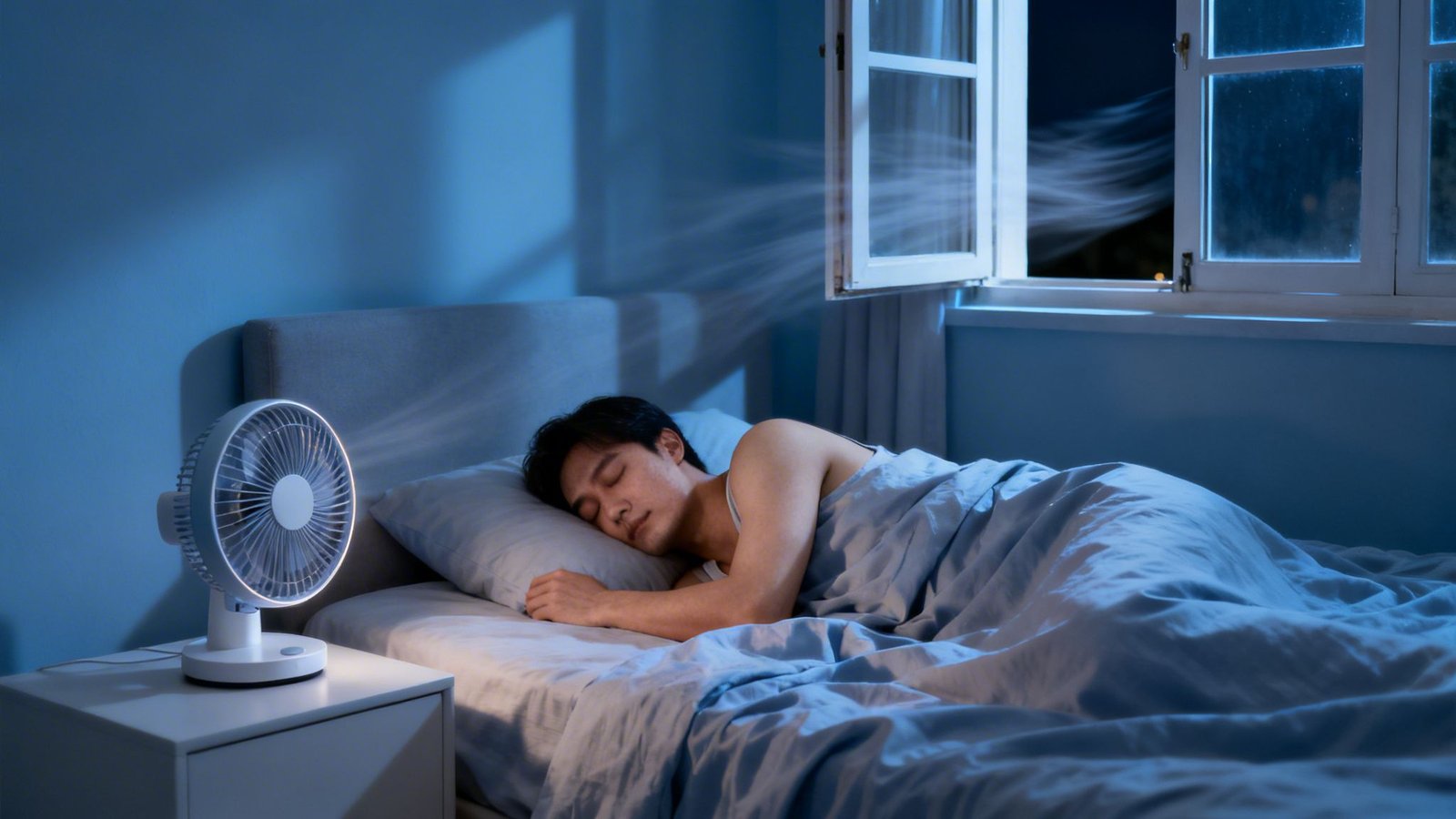 A man sleeps soundly in a cool blue room with a fan and open window.
