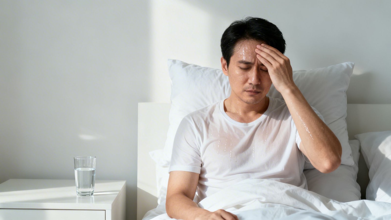 A man suffering from night sweats sits in bed, wiping his sweaty forehead.