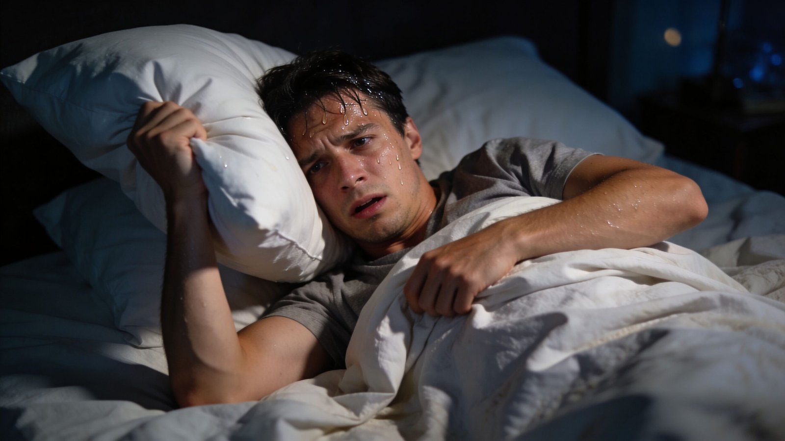 A man sweating profusely while lying in bed at night clutching a pillow, representing night sweats.