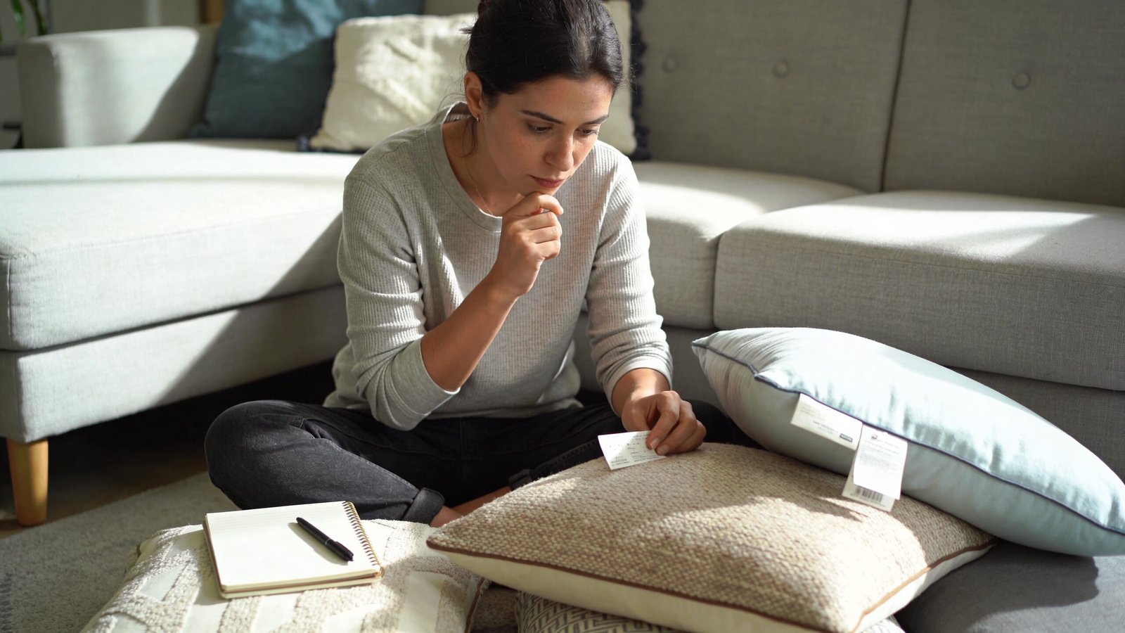 A young woman sitting on the floor checking the product labels on several decorative throw pillows.