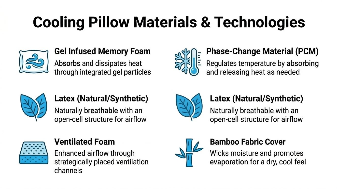 A graphic listing various cooling pillow materials and technologies like gel memory foam, latex, and bamboo covers.