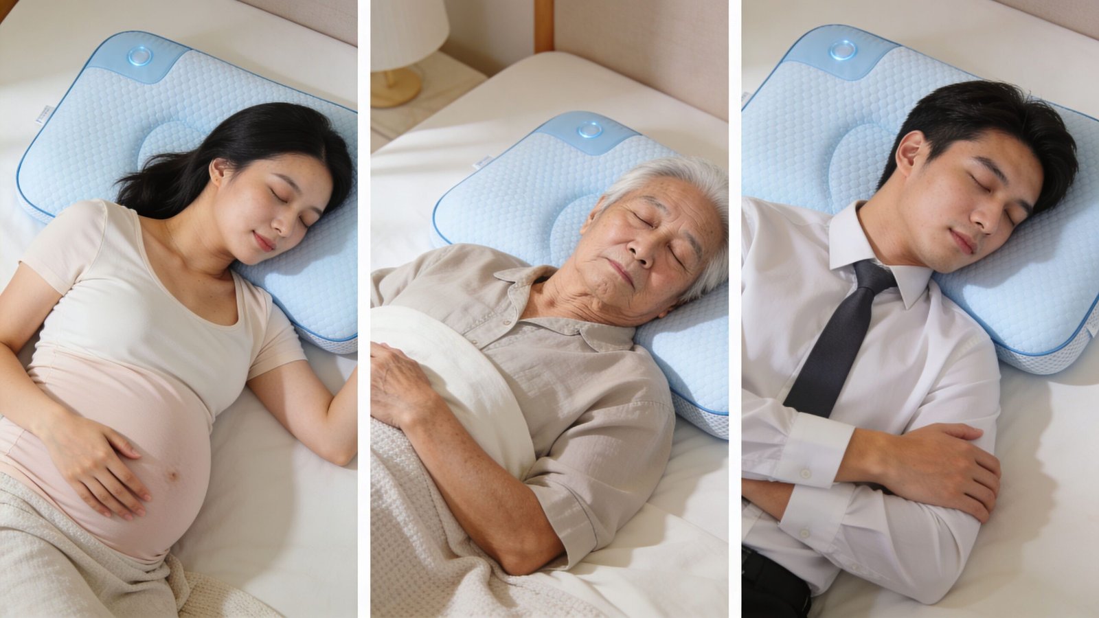A triptych showing a pregnant woman, an elderly woman, and a man sleeping on cooling pillows.