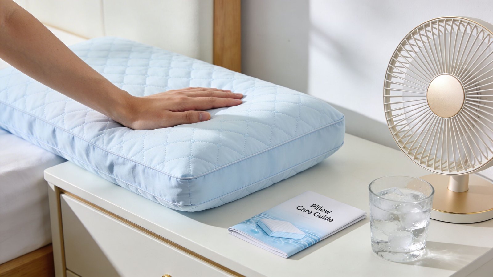 A hand rests on a light blue quilted cooling pillow next to an ice water glass and fan.