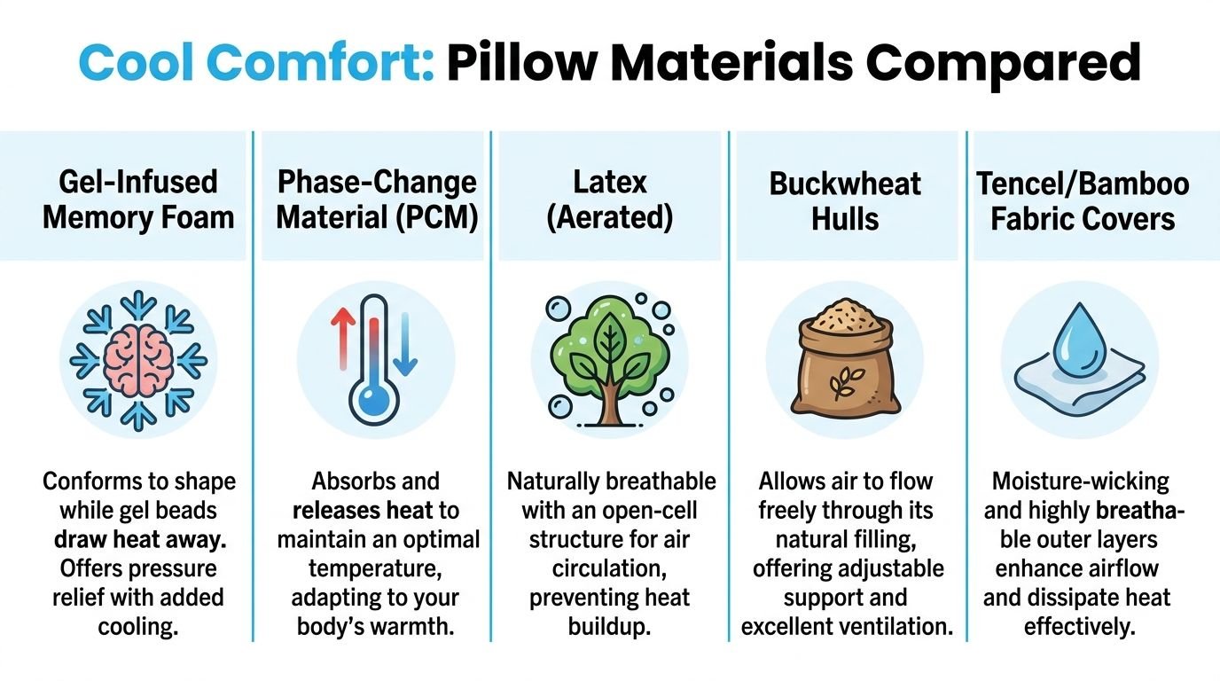 A comparison chart outlining the cooling properties and benefits of five different types of pillow materials.