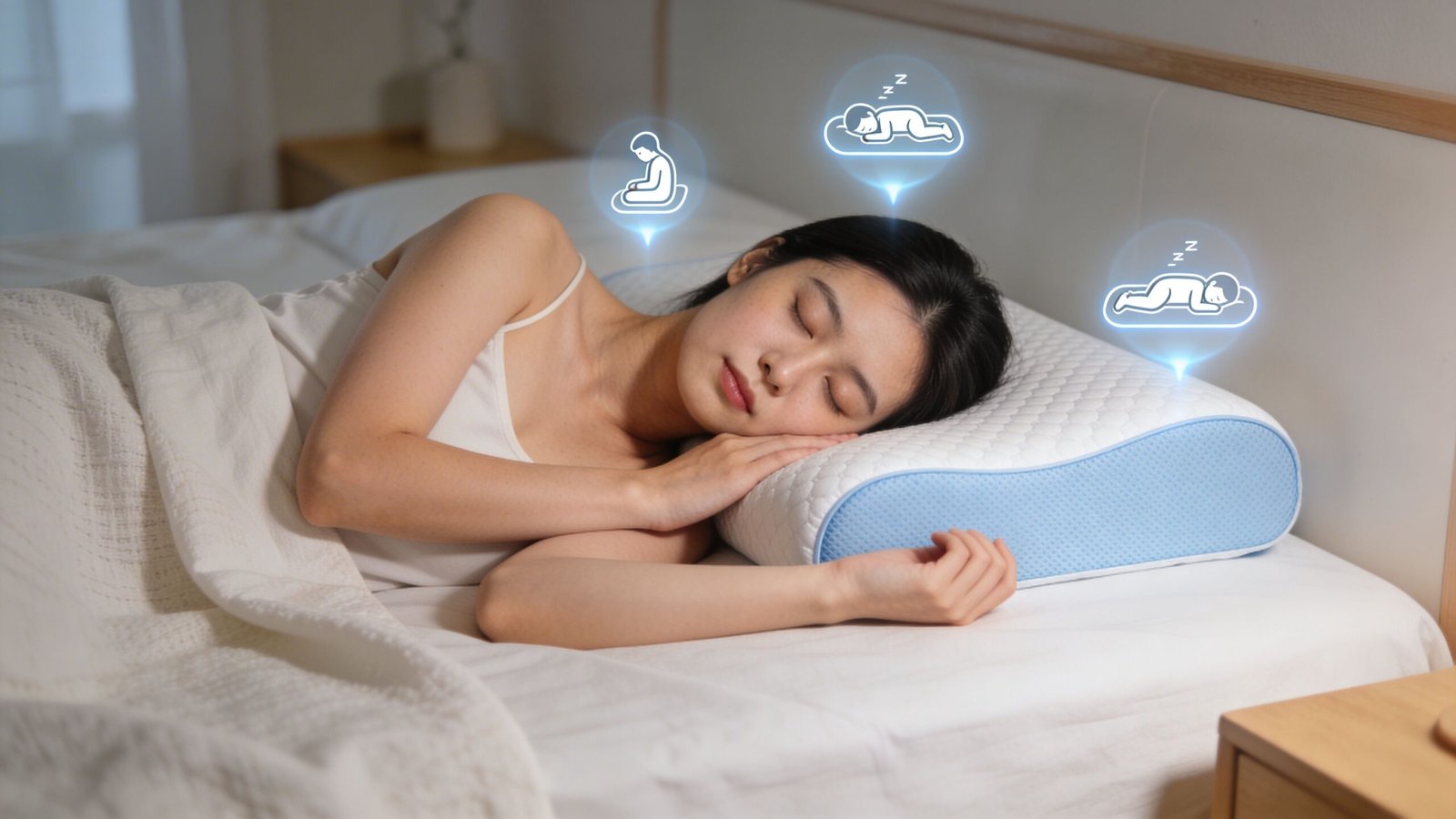 A woman peacefully sleeping on a cooling memory foam pillow with graphic icons illustrating different sleeping positions.