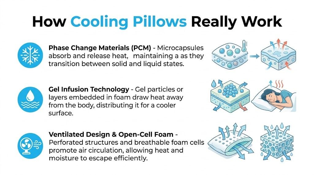 An infographic explaining how cooling pillows function using phase change materials, gel infusion, and ventilated open-cell foam.