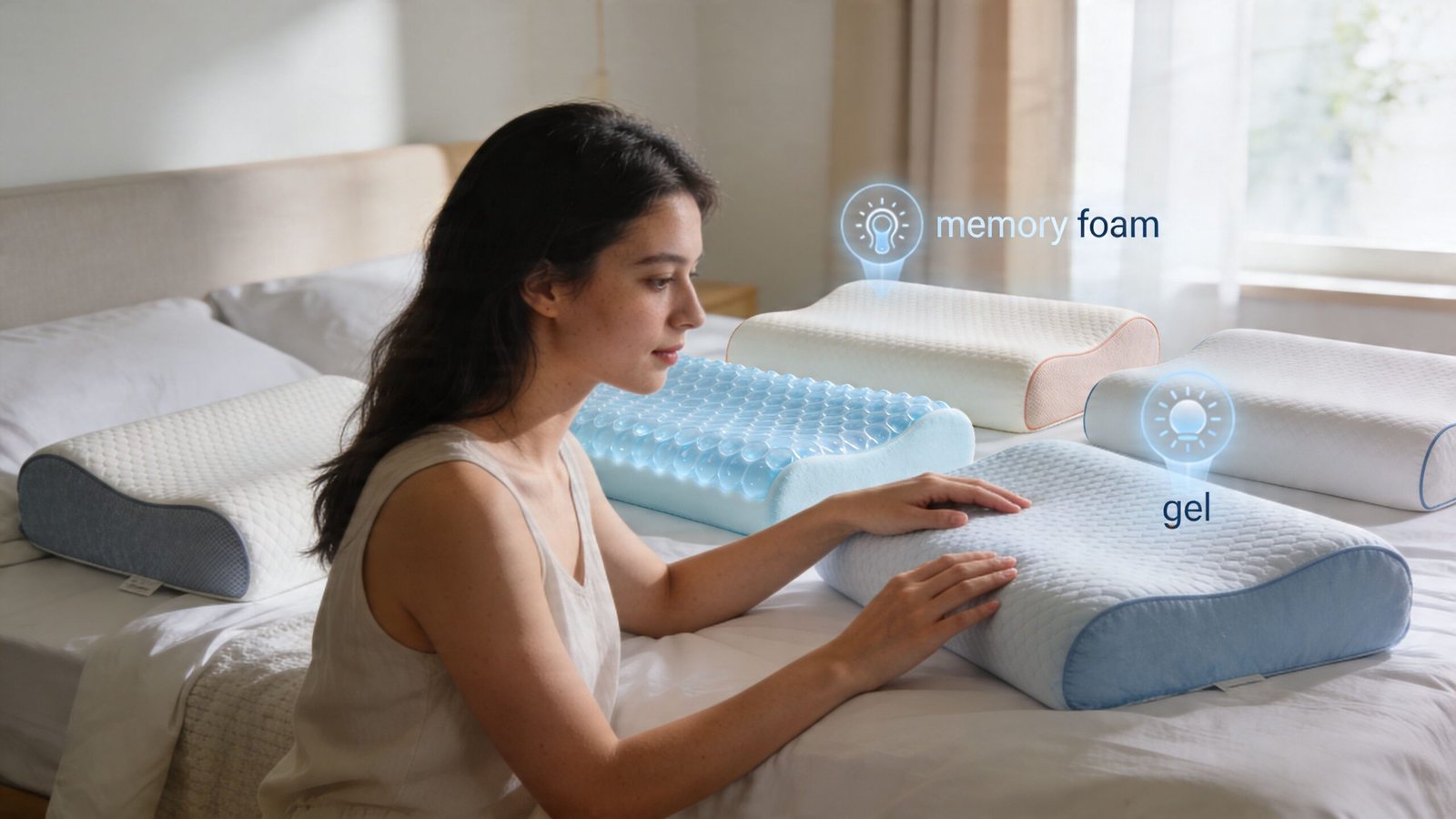 A young woman sits on a bed, examining a variety of memory foam and gel cooling pillows.