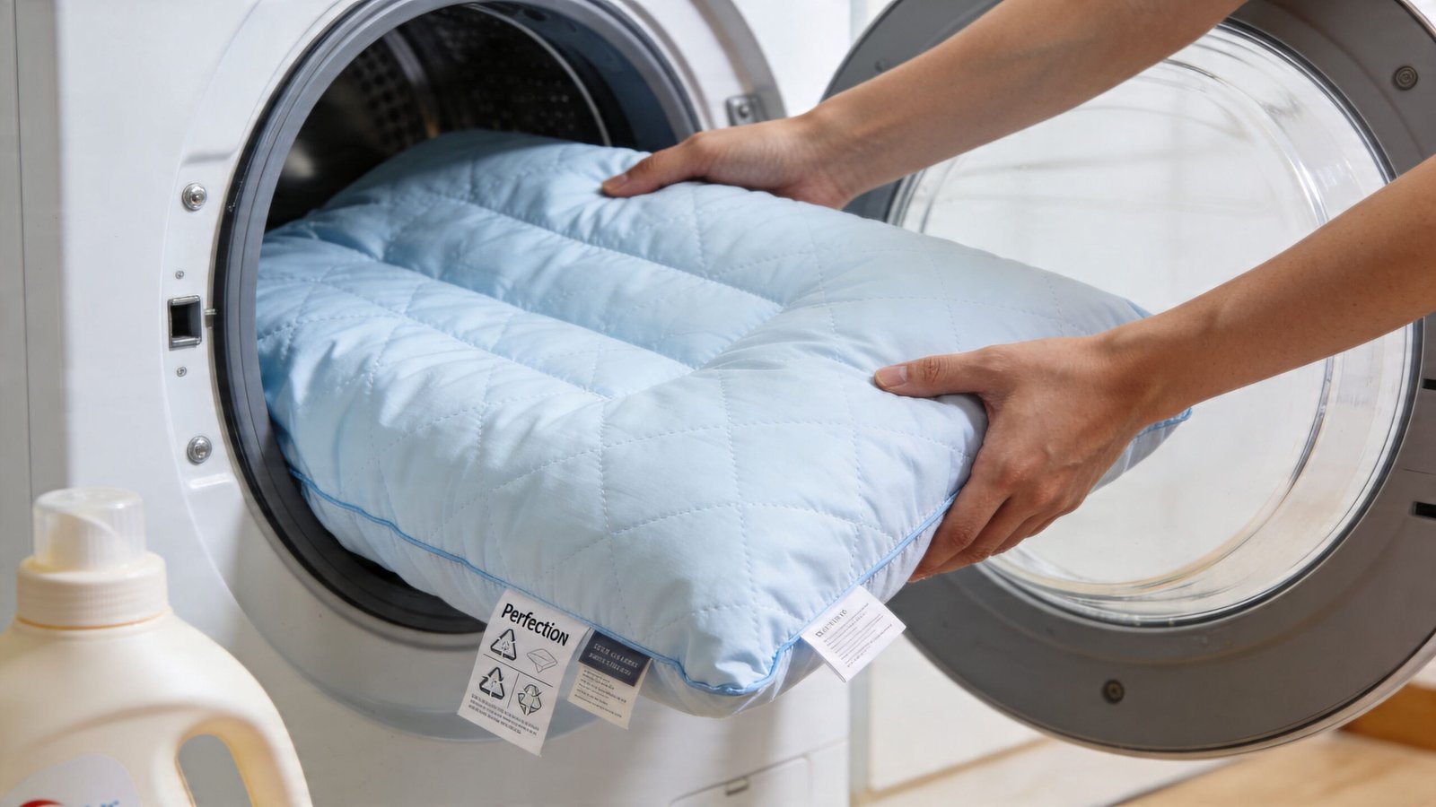 A person placing a light blue cooling pillow into a front-loading washing machine for cleaning.