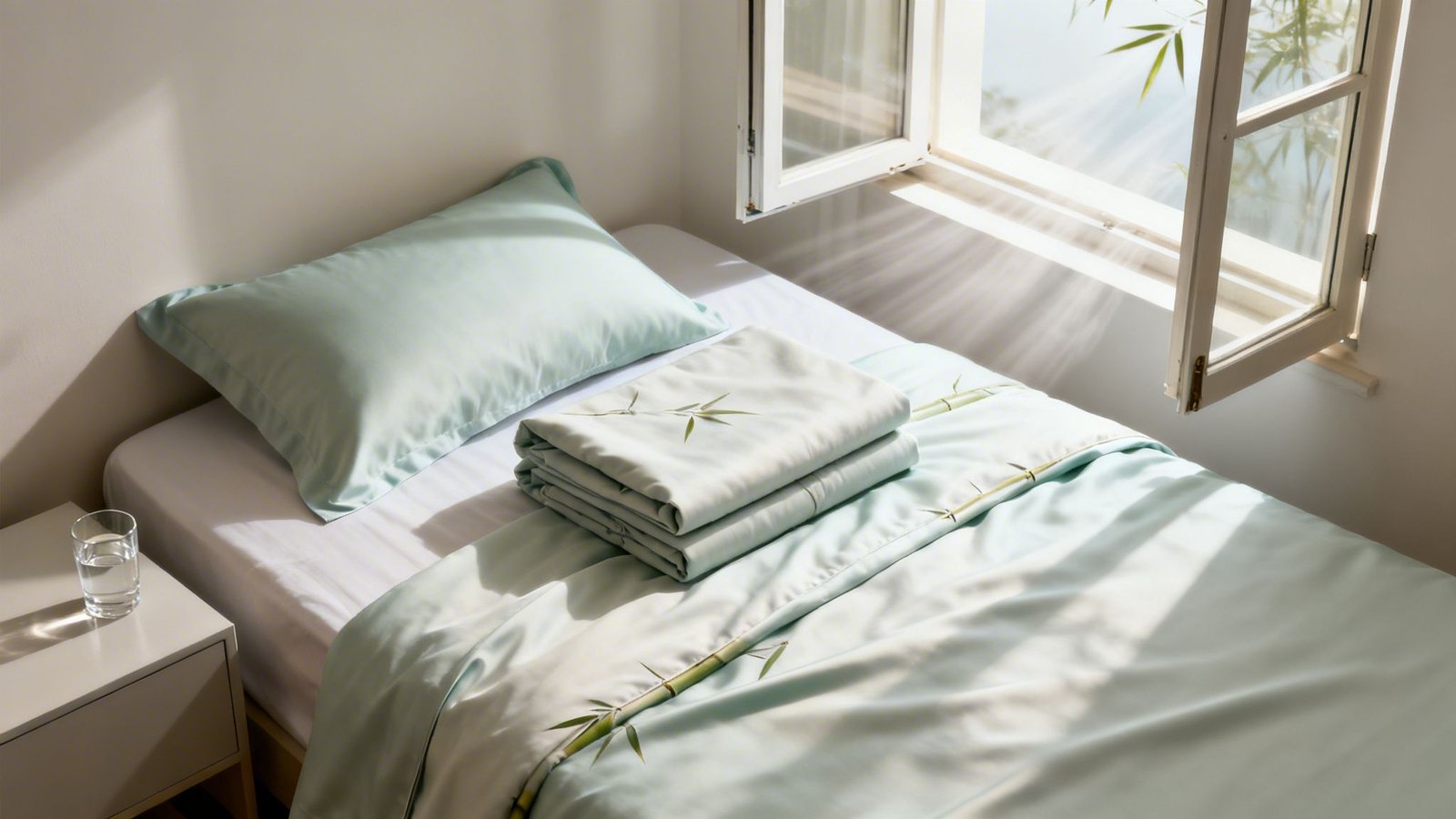 A serene bedroom with a bed featuring bamboo-patterned bedding and sunlight streaming through an open window.