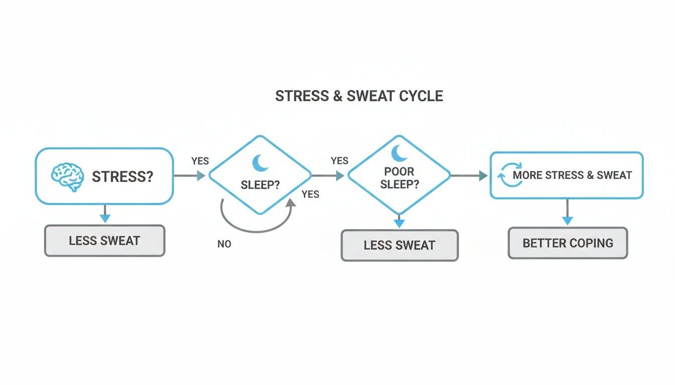 Flowchart illustrating the stress and sweat cycle, showing how stress and poor sleep lead to more sweat.