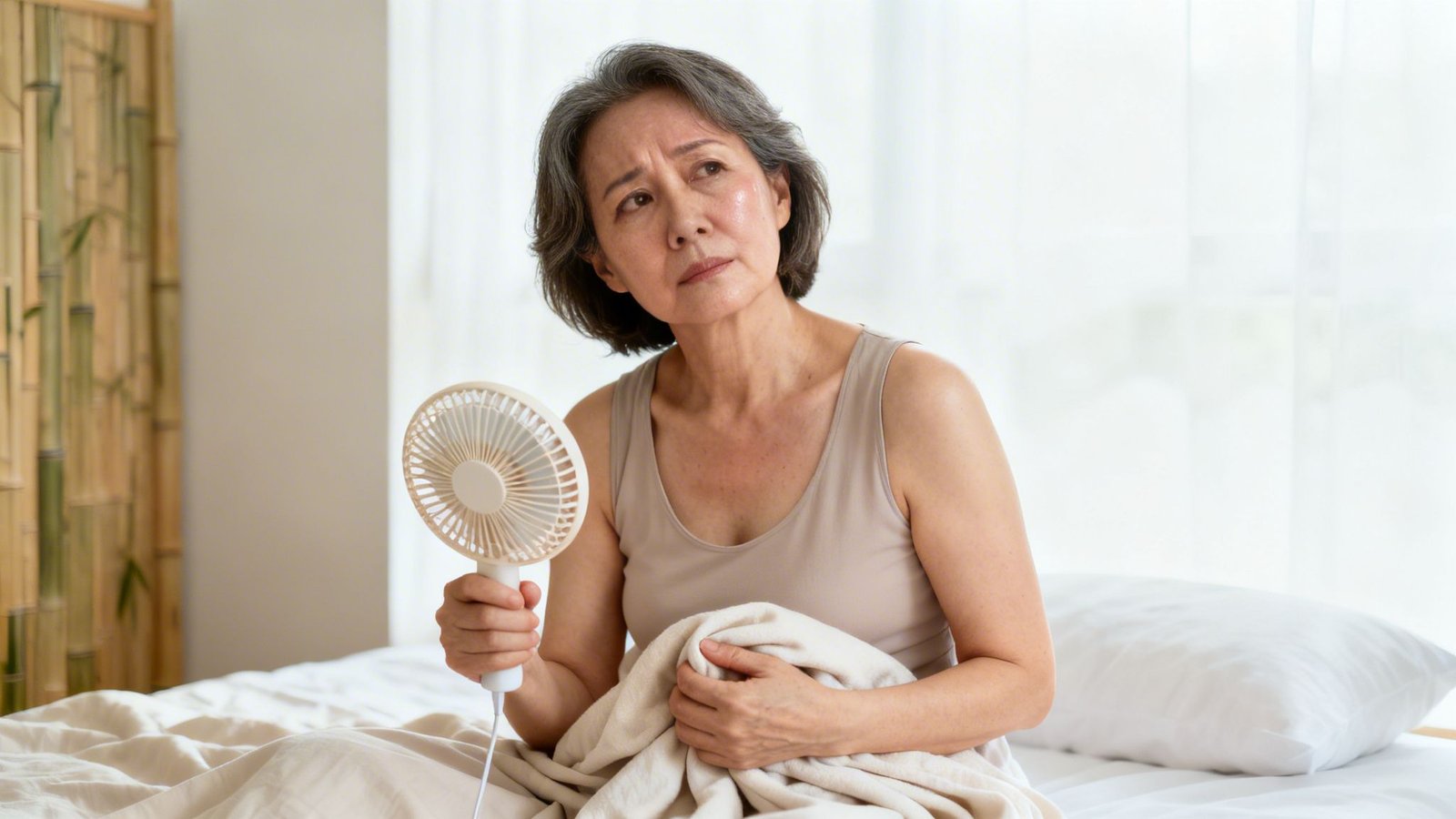 An older Asian woman in bed, fanning herself, looking distressed from heat.